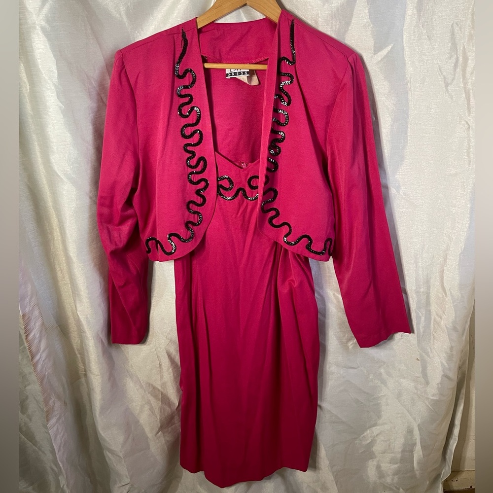 VTG 90’s Hot Pink Midi Slip Dress & Bolero Jacket w/ Black Sequins Glam Barbie